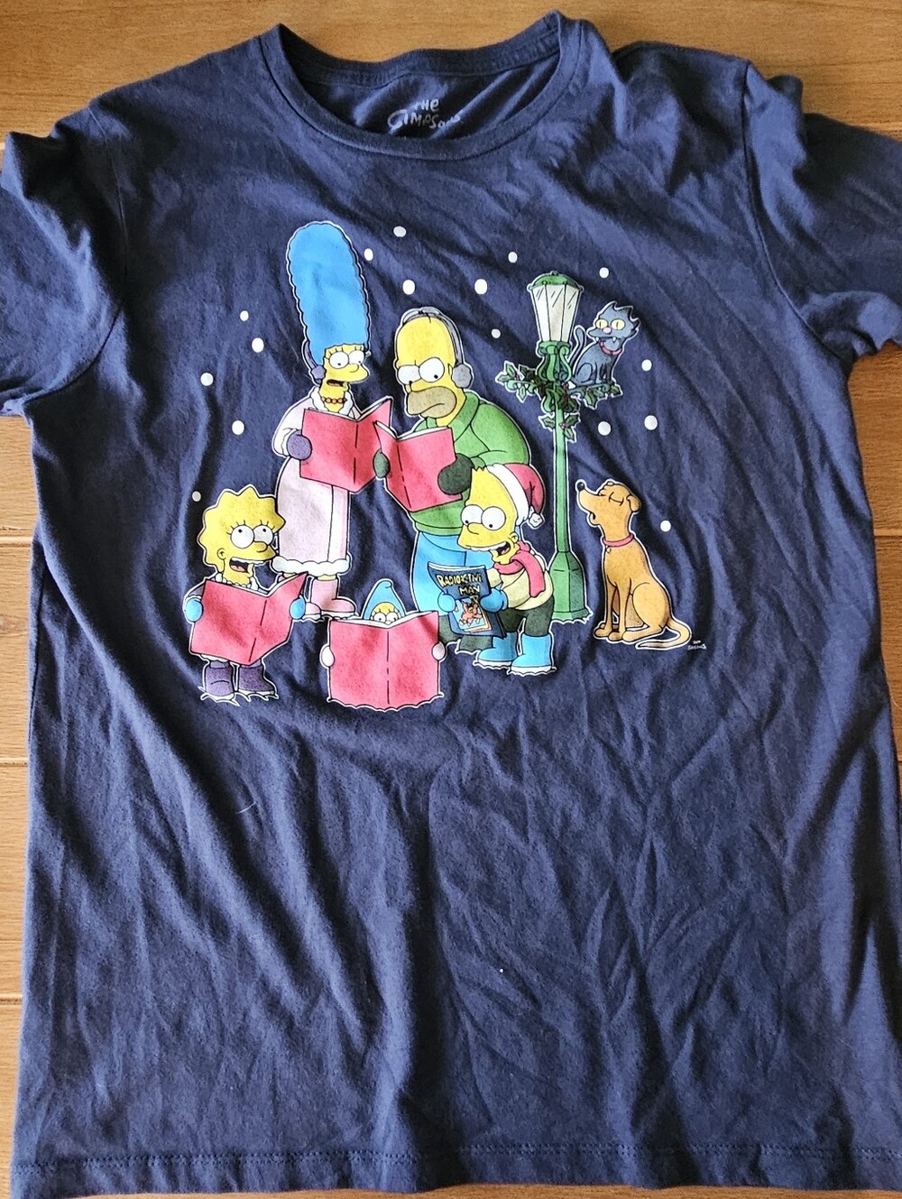 The Simpsons Christmas Caroling Graphic T-Shirt NavyUnisex Holiday Tee Small